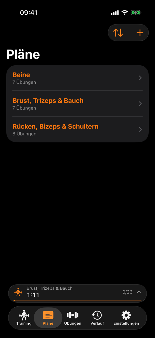 Planliste mit drei Splits: Beine, Brust/Trizeps/Bauch, Rücken/Bizeps/Schultern