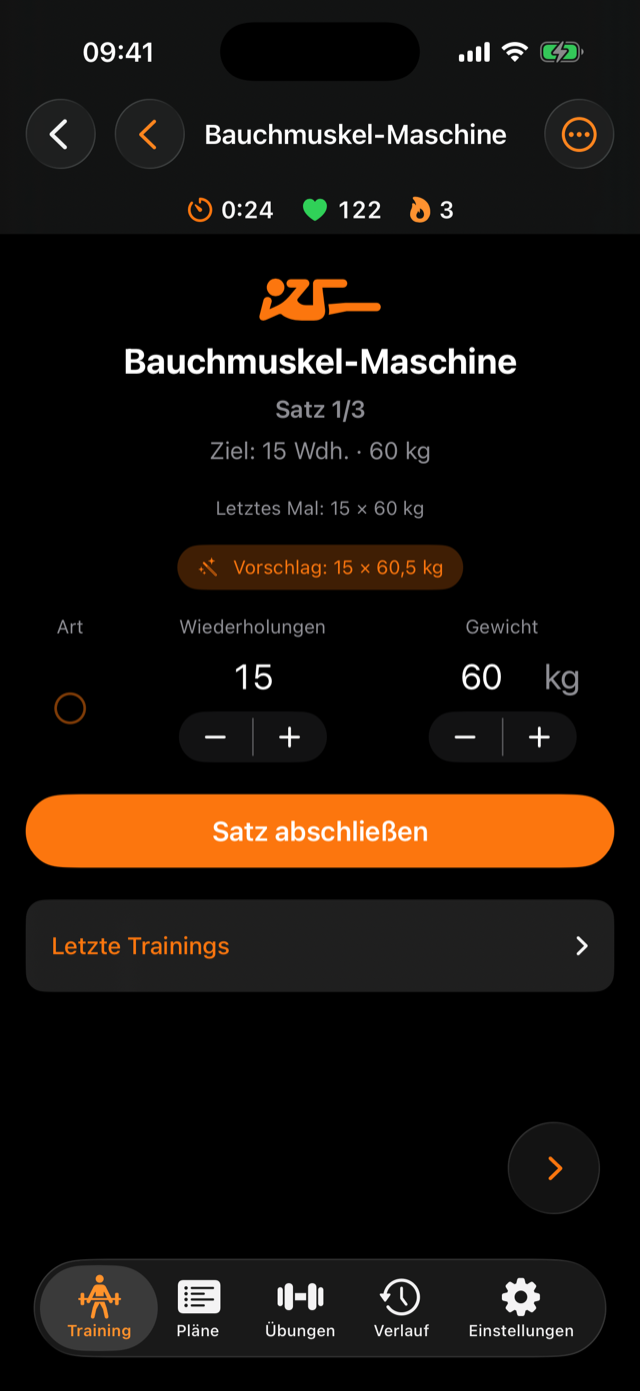Satz-Screen mit Zielvorgabe, letztem Ergebnis und smartem Vorschlag