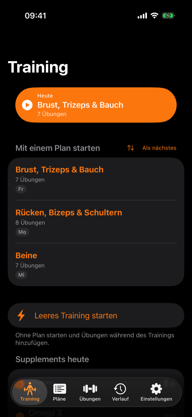 Trainings-Startscreen: der heutige Plan lässt sich direkt starten