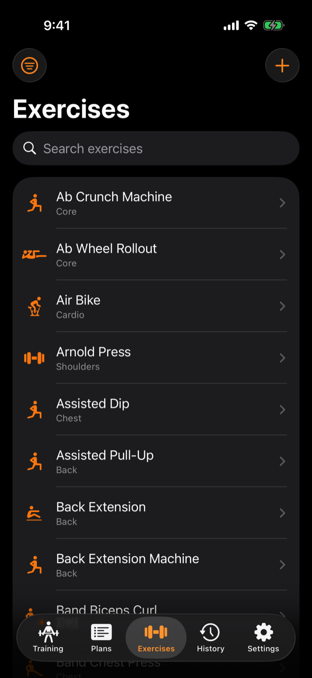 Searchable exercise library with muscle groups
