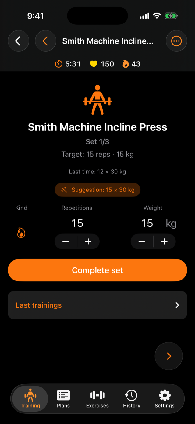 Set screen with target, last result and smart suggestion