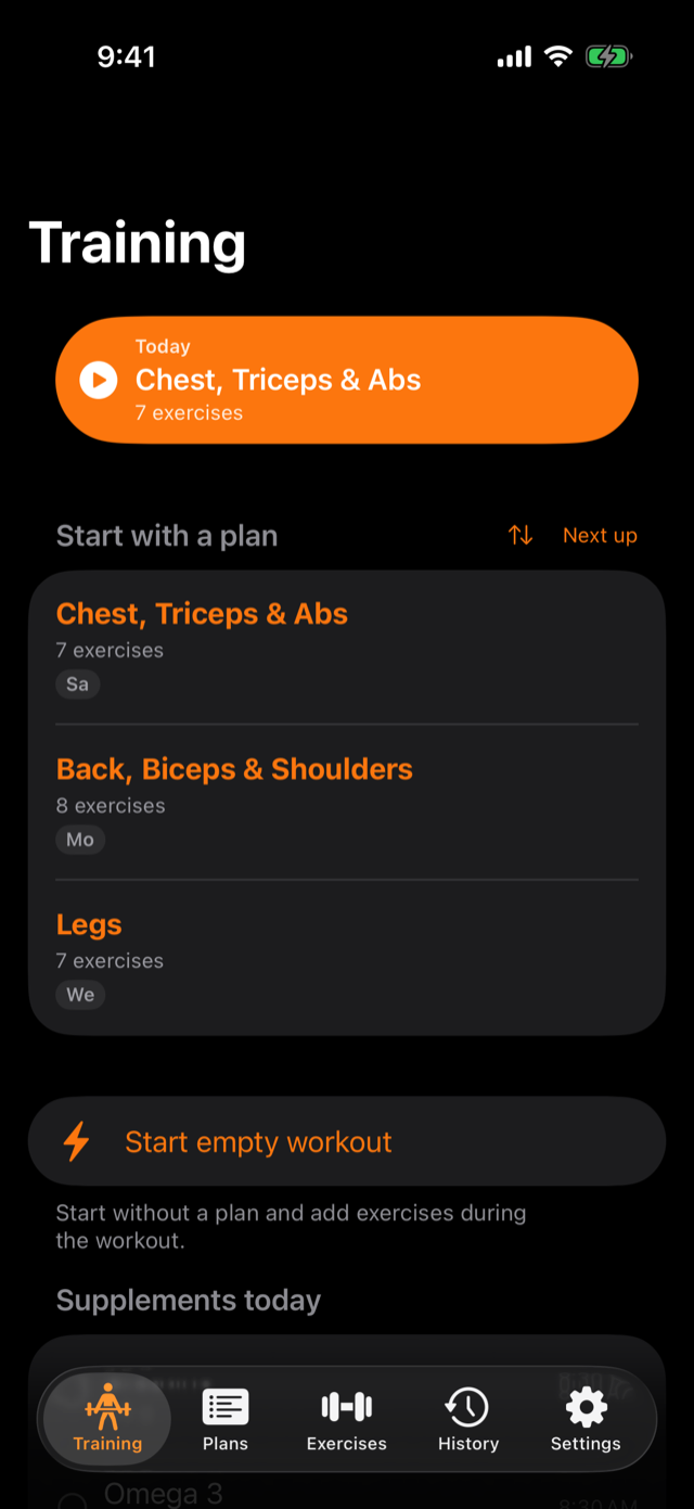Training home screen: today's plan can be started right away